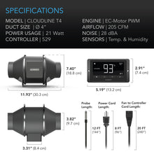 Load image into Gallery viewer, AC Infinity Cloudline T4 Inline Duct Fan System w/ Temperature and Humidity Controller - 4"