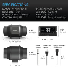 Load image into Gallery viewer, AC Infinity Cloudline T6 Inline Duct Fan System w/ Temperature and Humidity Controller - 6"